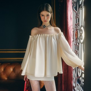 DARLING.ISM - Áo kiểu nữ kết hạt trai Kaia Shirt vải lụa ánh kim màu kem