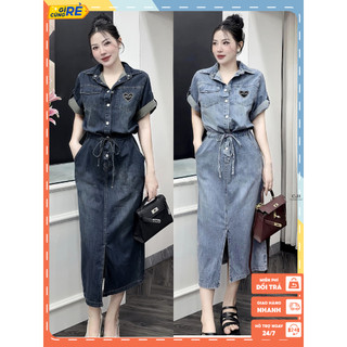 Váy đầm bò nữ thêu Tim dáng dài sẻ trước Đầm jean suông thắt eo hai màu C&H Clothing