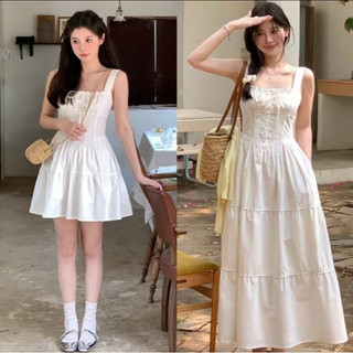 Váy maxi thô trắng nhúm eo ly ngực siêu xinh