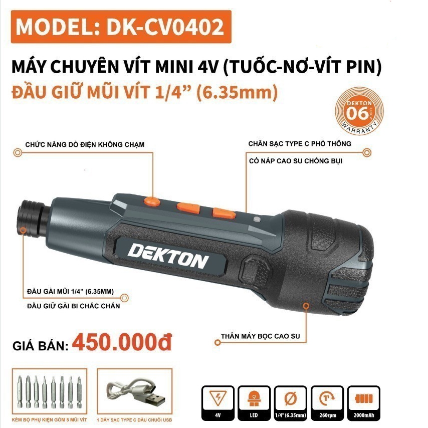 Máy vặn vít mini dùng pin 4V Dekton DK-CV0402 - DÒ ĐIỆN KHÔNG CHẠM - Tặng 8 mũi vít