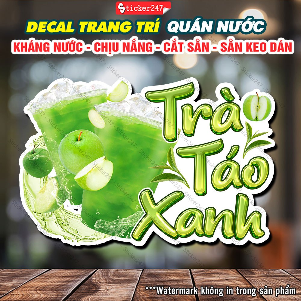 Sticker Trà Táo Xanh Trang Trí Quán - Decal Trà Táo Xanh Chống Nước Decor Quán Trà Sữa, Cà Phê, Dán 