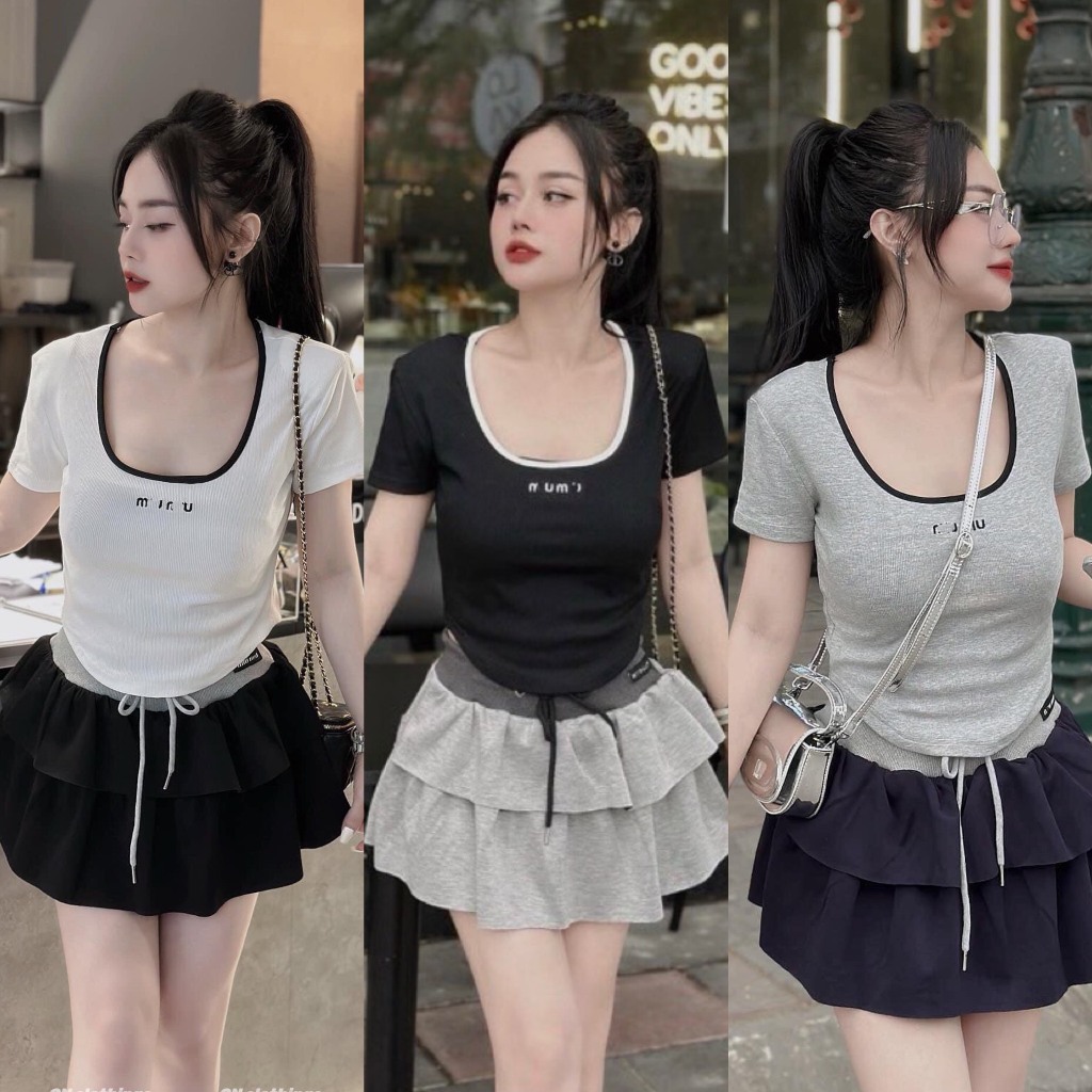 Set Áo Zip MiuMiu Trễ Cổ 3 Màu Phối Viền Mix Chân Váy Nỉ Bèo Tầng Có Quần Bảo Hộ Siêu Đáng Yêu (Ảnh 