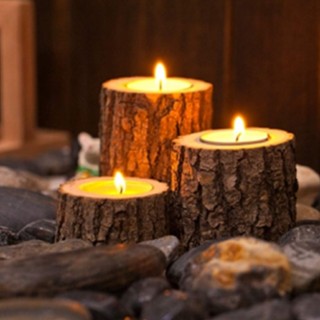 Bộ cốc nến tealight gỗ mộc gỗ nâu bày bàn trang trí tiệc phong cách vintage