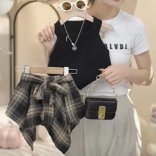 Set áo đen cổ yếm cv kẻ thiết kế bé gái