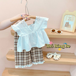 Set áo thô trắng quần caro nâu style Hàn Quốc bé gái QCCC (9-23kg)
