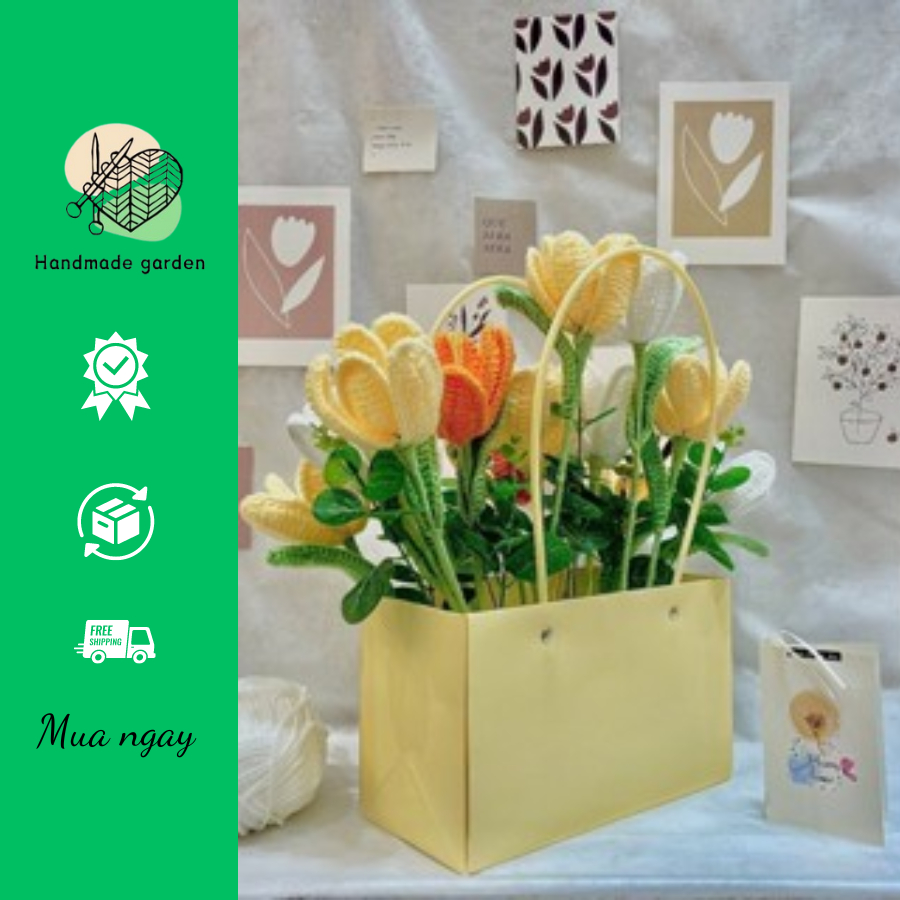 Giỏ hoa len handmade tulip vàng- Handmade Garden