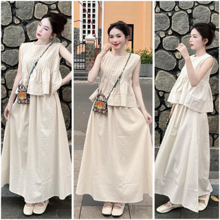 Set áo baby doll xếp li + chân váy xoè dài