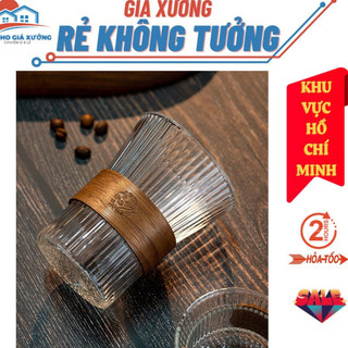  Ly/ cốc thuỷ tinh chịu nhiệt dáng trụ có đai gỗ chống nóng 300ml, ly vòng gỗ cách nhiệ