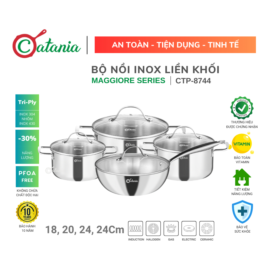Bộ nồi inox liền khối 4 chiếc Catania Maggiore CTP-8744
