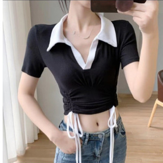Áo Thun Gân Cổ Bẻ Rút Dây