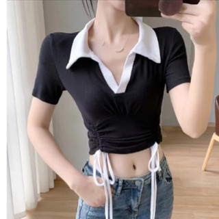 Áo Thun Gân Cổ Bẻ Rút Dây