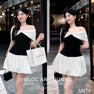 hoả tốc /Váy trễ vai nơ ngực chân xoè baby xinh lắm lunnnn , chất tăm co giãn mát lịm nha