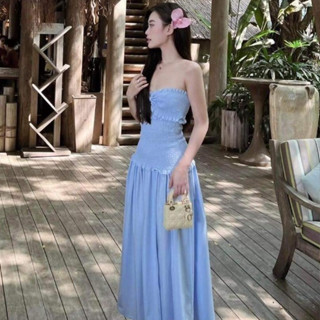 Đầm váy cúp ngực đính nơ co dáng dáng maxi 2 màu XANH BIỂN HỒNG đi biển đi chơi mùa hè, Đầm đi biển nữ cao cấp TỰ MAY 24
