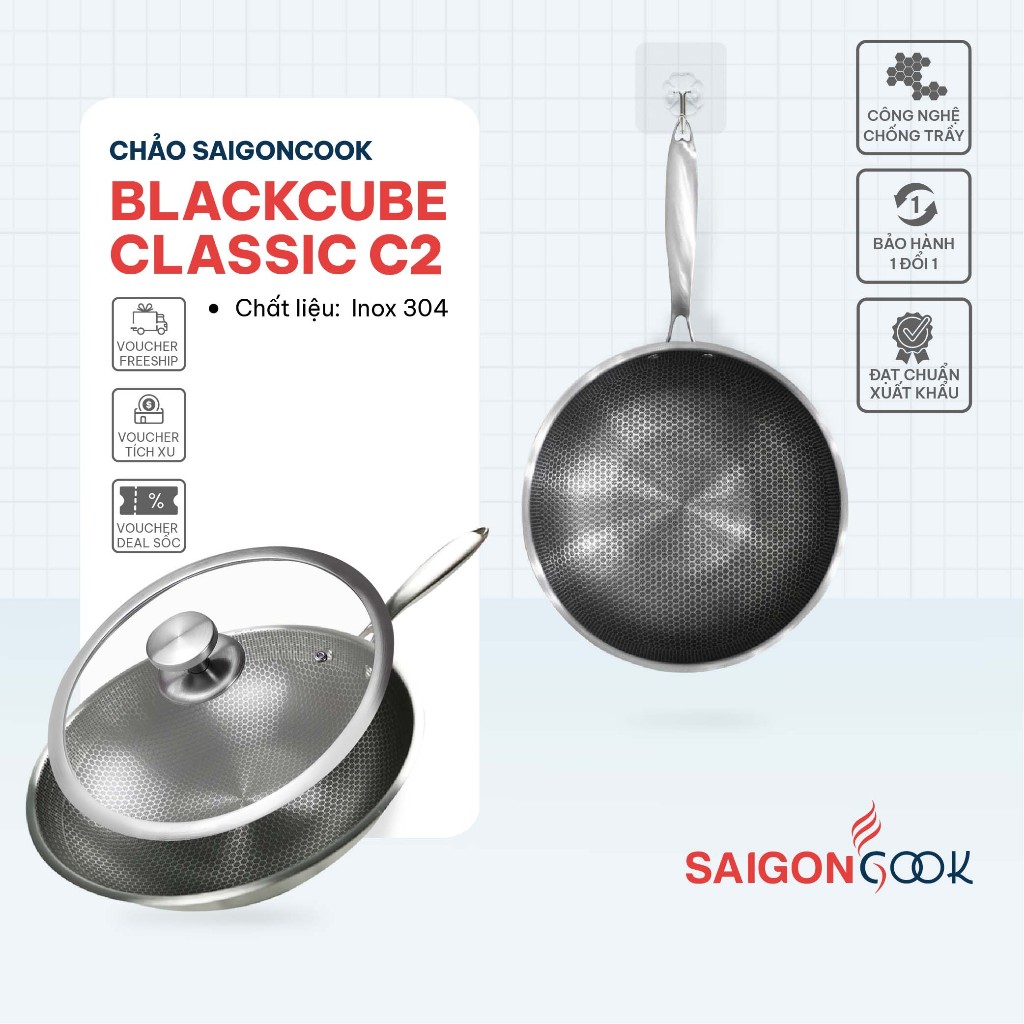 Chảo chống dính BlackCube C2 Saigoncook Chảo chống trầy tổ ong sâu lòng inox 410 dùng được bếp từ có kèm nắp thủy tinh