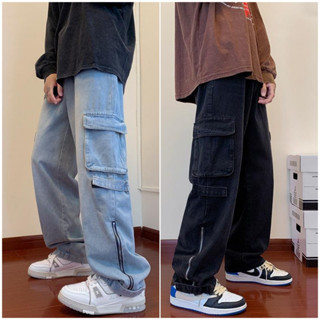 Quần jean nam túi hộp ống suông rộng PHỐI KHOÁ KÉO, ĐAI ỐNG cách điệu phong cách hiphop đường phố THOITRANGTRE