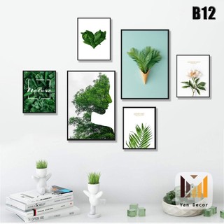 Bộ 6 tranh treo tường khung gỗ, tranh vải canvas treo phòng khách phòng ngủ phong cách tropical, mẫu hoa lá