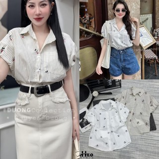 Áo sơ mi nữ cộc tay bồng họa tiết nơ phối kẻ size s m - halinh shop - áo sơ mi cộc tay rút phối cổ túi ngực