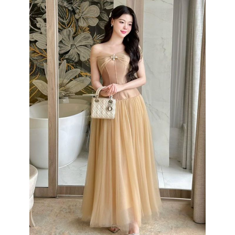 Váy Croset Nữ MAY CH209 NN42 - Đầm Croset Dự Tiệc Thiết Kế Màu Kem Nâu Tây Sang Chảnh