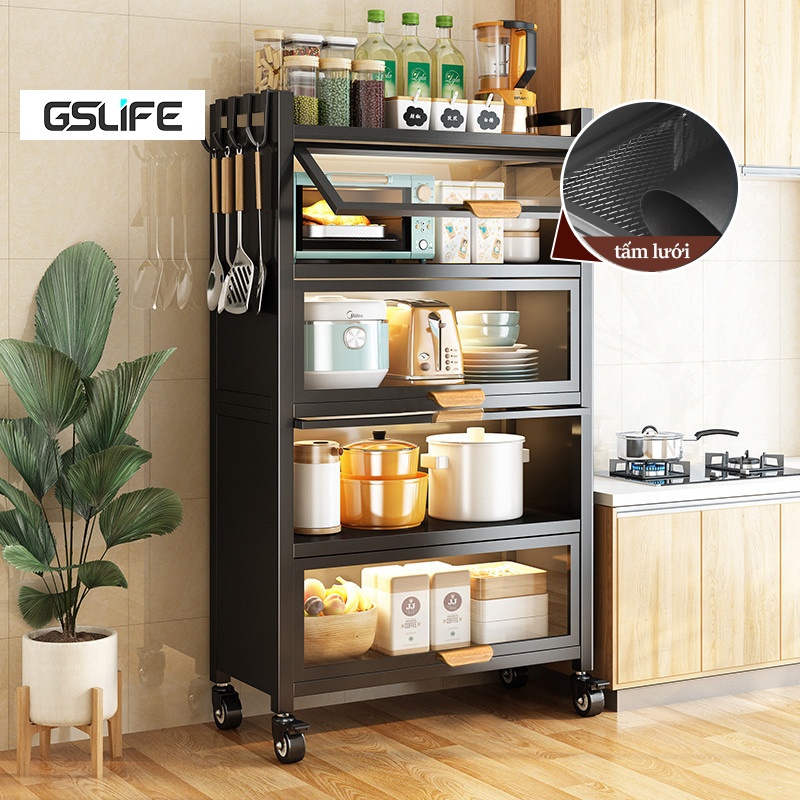 Gslife Kệ Tủ Nhà Bếp 80cm Đa Năng Thông Minh- Kệ Để Đồ Kệ Vi Sóng, Thép Carbon, Trang Bị Bánh Xe