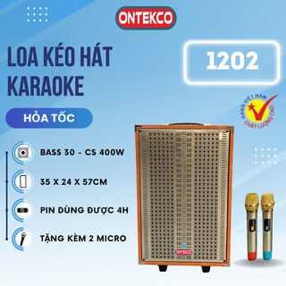 Loa kéo hát karaoke gia đình không dây ONTEKCO 1202 kèm 2 micro kim loại, loa gỗ chắc chắn bảo hành 12 tháng