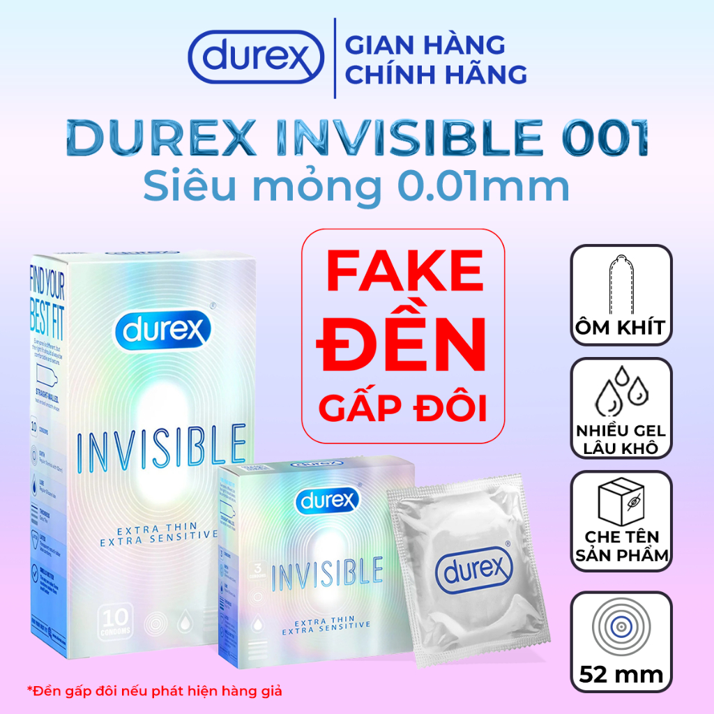 [CHE TÊN] Bao Cao Su Durex Invisible Siêu Mỏng 0.01mm Nhiều Bôi Trơn Ôm Sát Size 52mm Chính Hãng
