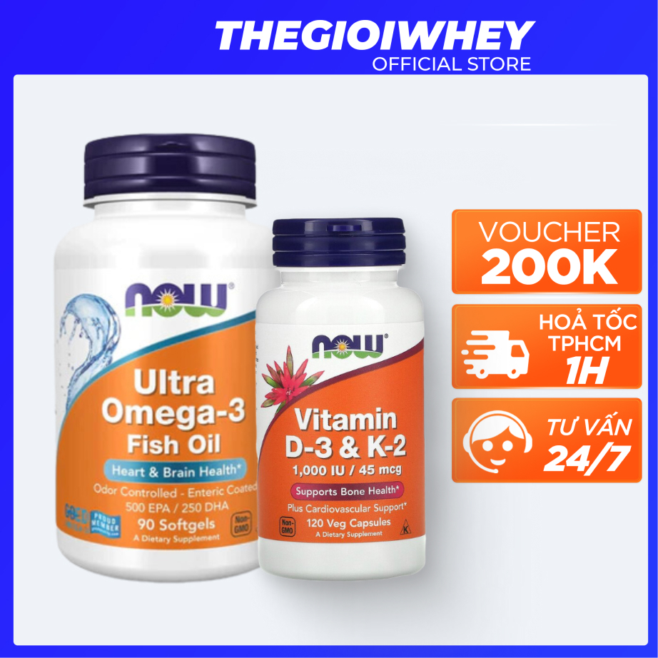 [Combo 2 Hũ] Vitamin NOW OMEGA 3 ULTRA (180 viên) & NOW D-3 K-2 (120 Viên uống Bảo Vệ Xương Khớp