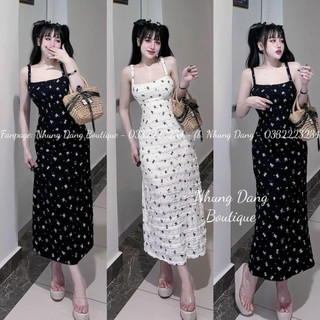 Đầm xu hướng dễ thương du lịch chất ren in hoa 2 dây  có mút ngực , váy ôm body trên xoè dưới siêu đẹp maxi XĐ