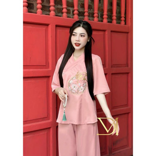 Sét bộ Pháp Phục mặc đi chùa chất tuyết nhung cao cấp thêu hoạ tiết cổ v tay ngắn phối quần suông có túi 4m QC