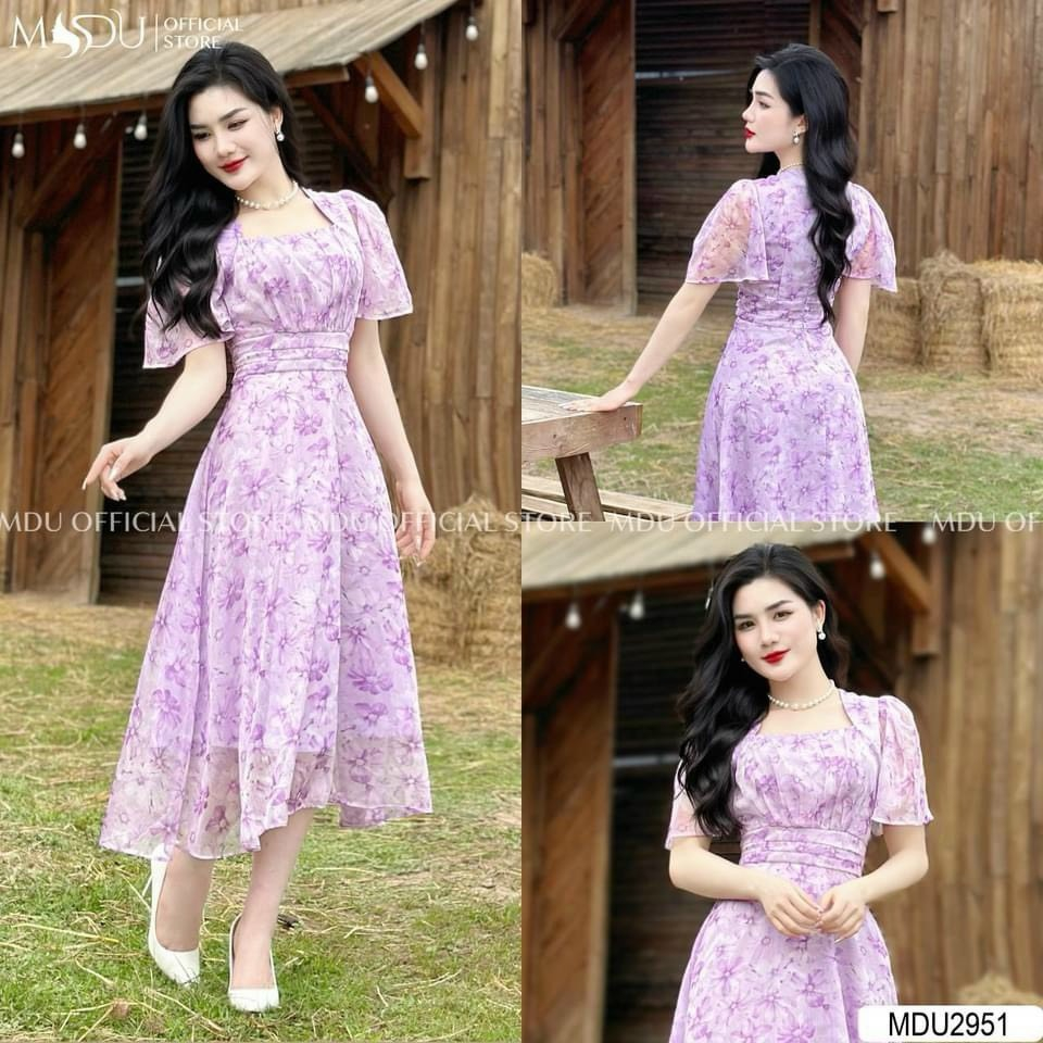 Đầm váy hoa thời trang nữ chất voan hoa mùa tím cổ vuông xếp ly ngang ngực tay ngắn bo eo bảng váy xoè qua gối QC