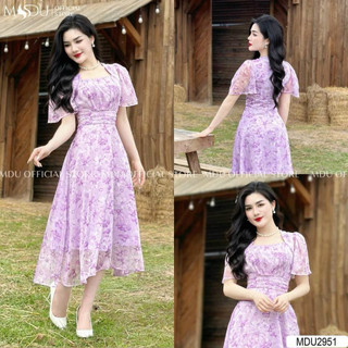 [-30%] Đầm xinh hoa 4 mùa chất voan hoa mùa tím cổ vuông xếp ly ngang ngực tay ngắn bo eo bảng váy xoè qua gối NANA