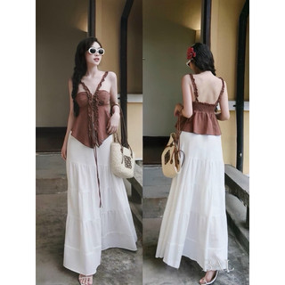 Set áo dây yếm bèo nâu choco + cv trắng midi xoè