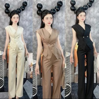 Sét Gile vets Không Tay Vạt Chéo Mix Quần Tây Dài ống Xuông Siêu Tôn dáng