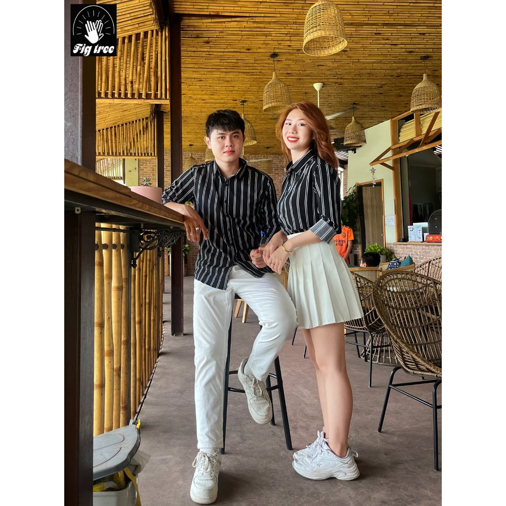 Set Áo Sơ Mi Đôi Fig Tree Sọc Đen Trắng Model (Mã 155A)