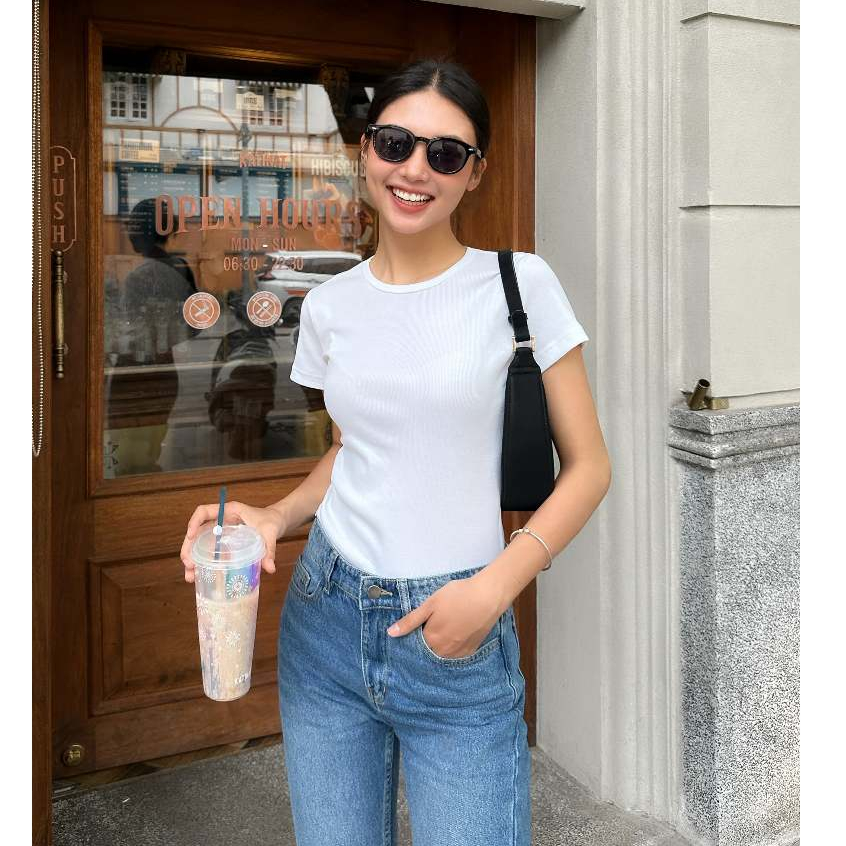 HASHTAGEM - Áo Thun Gân Nữ FBT Dáng Ôm Vừa Màu Trơn, Tay Ngắn, Cổ Tròn, Freesize Dưới 55kg