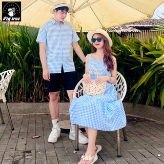 Set Sơ Mi Váy Đôi Caro Xanh FIG TREE Model ( Nam SM, nữ Yếm Siêu Kool)