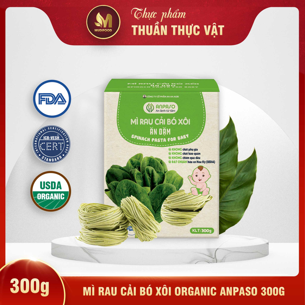 Mì Rau Cải Bó Xôi Organic Anpaso Ăn Dặm Cho Bé Từ 6 Tháng Tuổi, Hỗ Trợ Tiêu Hóa, Tăng Sức Đề Kháng