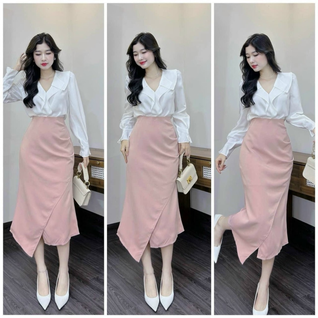 Sét váy thời trang nữ công sở áo sơ mi chất cotton lạnh tay dài mix chân váy kaki chéo trắng hồng