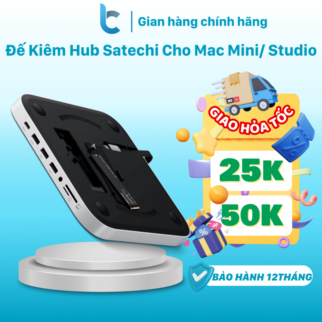 Đế Kiêm Hub Chuyển Đổi Satechi ST-GMMSHS Cho Mac Mini 4/ Studio với Box NVME SSD, USB-C 10Gbps, 3xUS