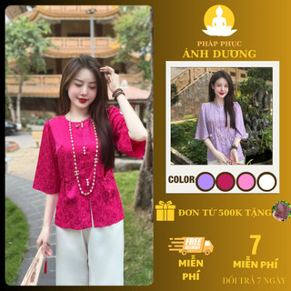 Bộ lam đi chùa, bộ lam đi chùa nữ, bộ đi chùa lụa gấm tay chuông ngắn, mã p70