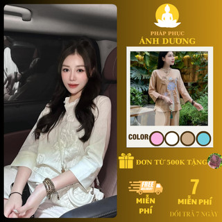 Bộ lam đi chùa, bộ lam đi chùa nữ, bộ đi chùa đũi linen thêu hoa sen, mã p73
