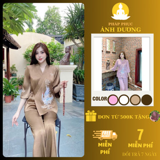Bộ lam đi chùa, bộ lam đi chùa nữ, bộ đi chùa lụa hai da thêu hạc, mã p75