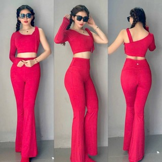 Bộ Đồ Tập Thể Thao Nữ Áo Croptop Tay Dài Lệch Quần Ống Loe Thun Lạnh Cao Cấp Tập Gym Yoga Aerobic