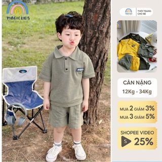Đồ bộ bé trai cộc tay Magickids áo thun polo phối tay quần short chất thun cá sấu thoáng mát Quần áo trẻ em BR23004