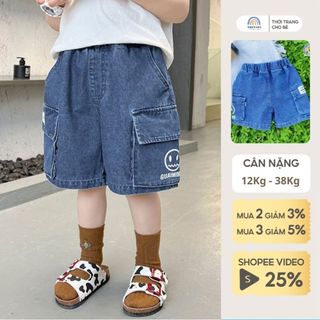 Quần short đùi jeans form rộng size đại 40kg Magickids cho bé trai túi in mặt cười Quần áo trẻ em đi học đi chơi QĐ22014