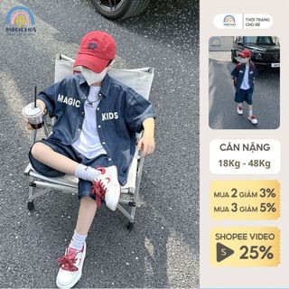 Đồ bộ bé trai Hàn Quốc size đại Magickids áo sơ mi cộc tay quần jean cho bé từ 18 đến 50kg Quần áo trẻ em mùa hè BD24015