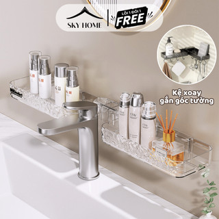 Kệ nhà tắm treo tường kệ góc trong suốt xoay 180 độ, giá đựng đồ gắn vòi nước có móc treo - sky home