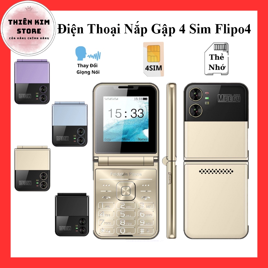 Điện thoại nắp gập 4 sim Flilo4, kiểu dáng thời trang, thiết kế nhỏ gọn, thẻ nhớ, chức năng thay đổi