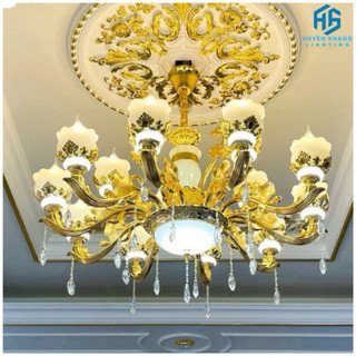 Đèn chùm thả trần tân cổ điển trang trí biệt thự,phòng khách nhà hàng khách sạn 15 tay đá đúc _đèn led trang trí