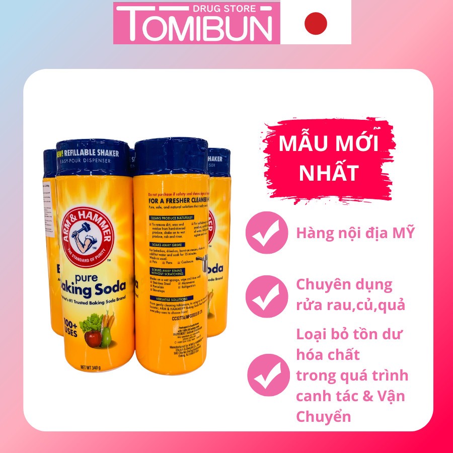 Bột rửa rau, củ, quả Baking soda Arm & Hammer Mỹ 340g- Hàng nội địa USA- Tomibun