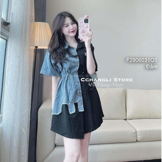 Đầm sơ mi tay ngắn rút eo phối jean siêu phong cách!